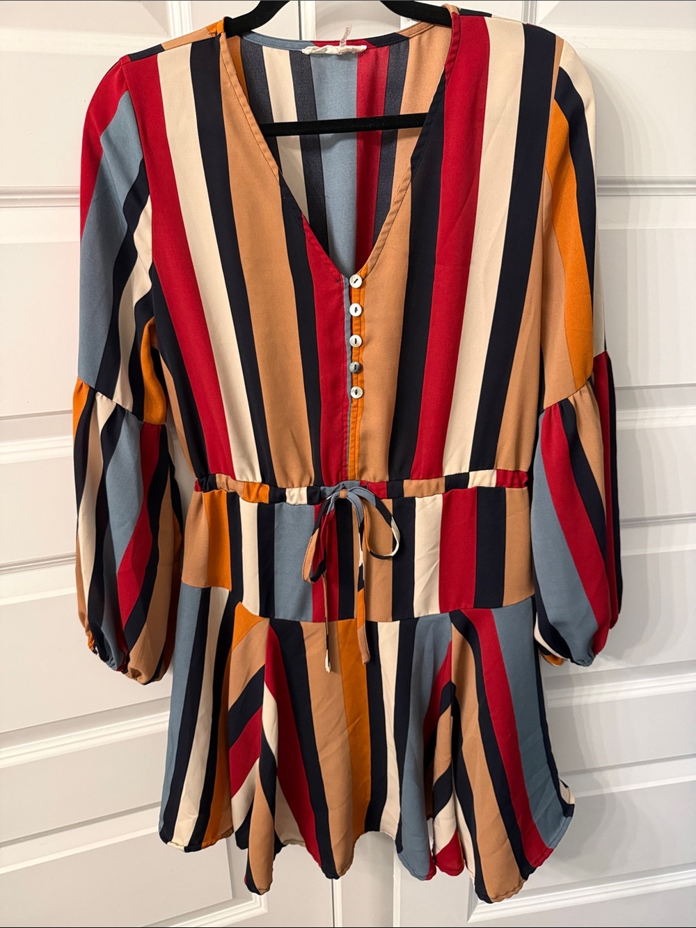 entro Multi-Stripe V-Neck Tie-Waist Mini Dress - Red, Blue, Mustard
